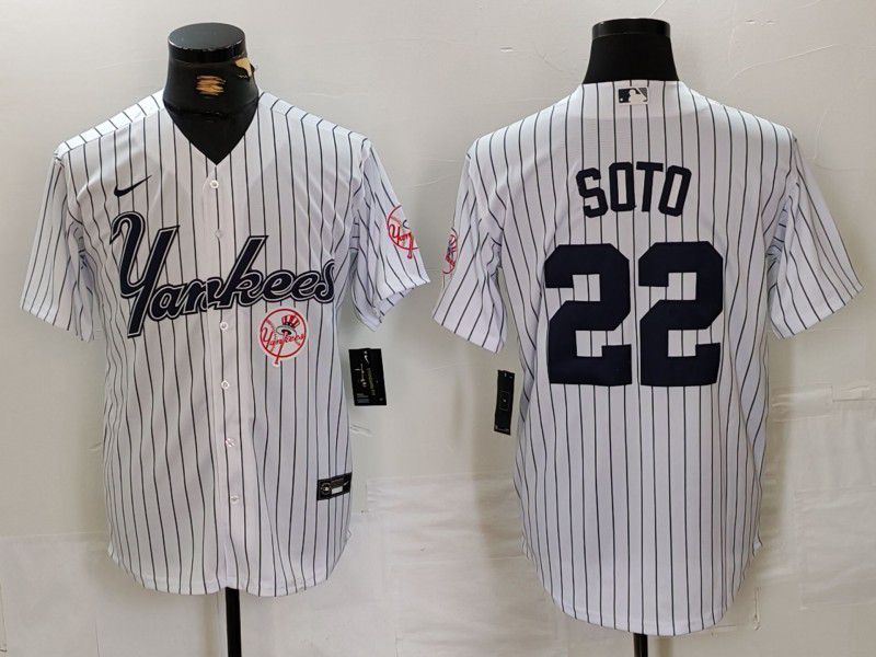 Men New York Yankees #22 Soto White stripe Three generations of joint names Nike 2024 MLB Jersey style 3